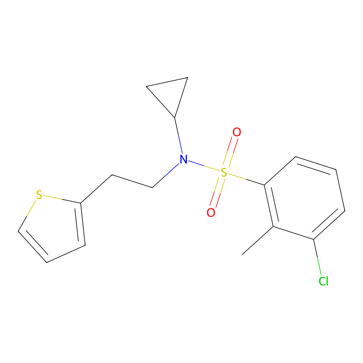 3-chloro-N-cyclopropyl-2-methyl-N-(2-(thiophen-2-yl)ethyl)benzenesulfonamide molecular structure, CAS 1396853-78-3