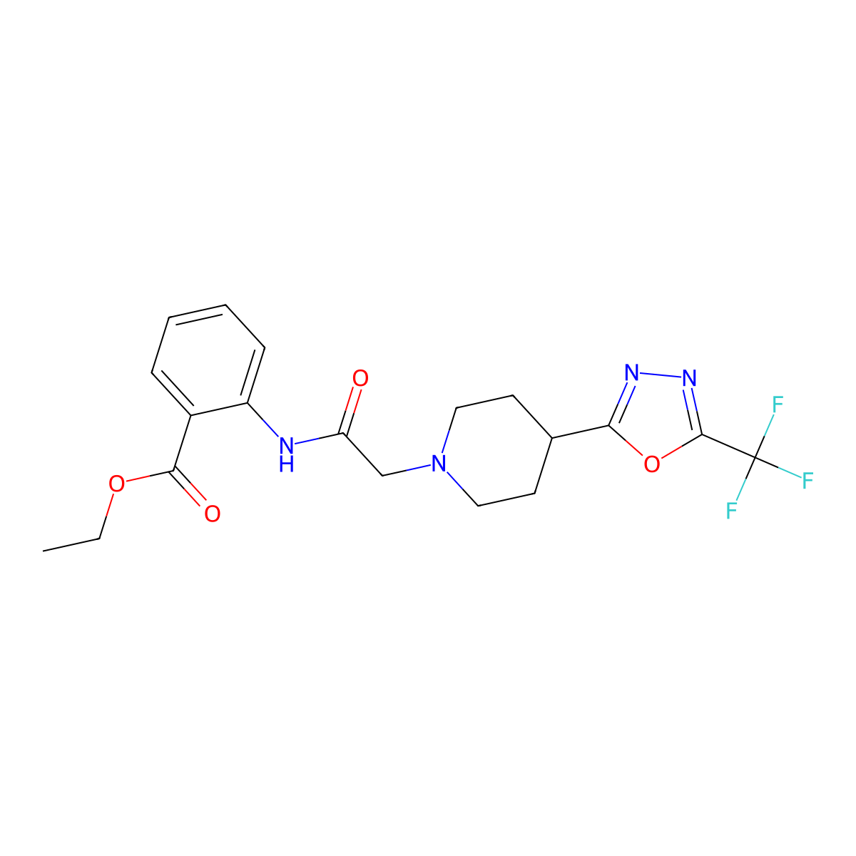 Ethyl 2-(2-{4-[5-(trifluoromethyl)-1,3,4-oxadiazol-2-yl]piperidin-1-yl}acetamido)benzoate molecular structure, CAS 1396853-97-6