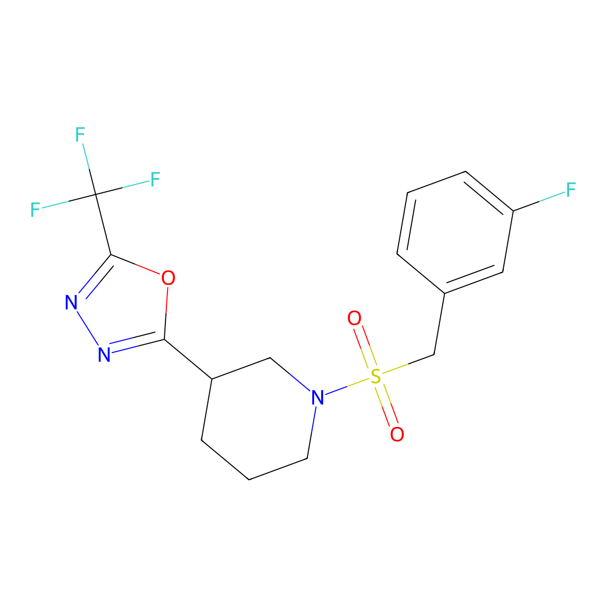 2-(1-((3-Fluorobenzyl)sulfonyl)piperidin-3-yl)-5-(trifluoromethyl)-1,3,4-oxadiazole molecular structure, CAS 1396854-02-6
