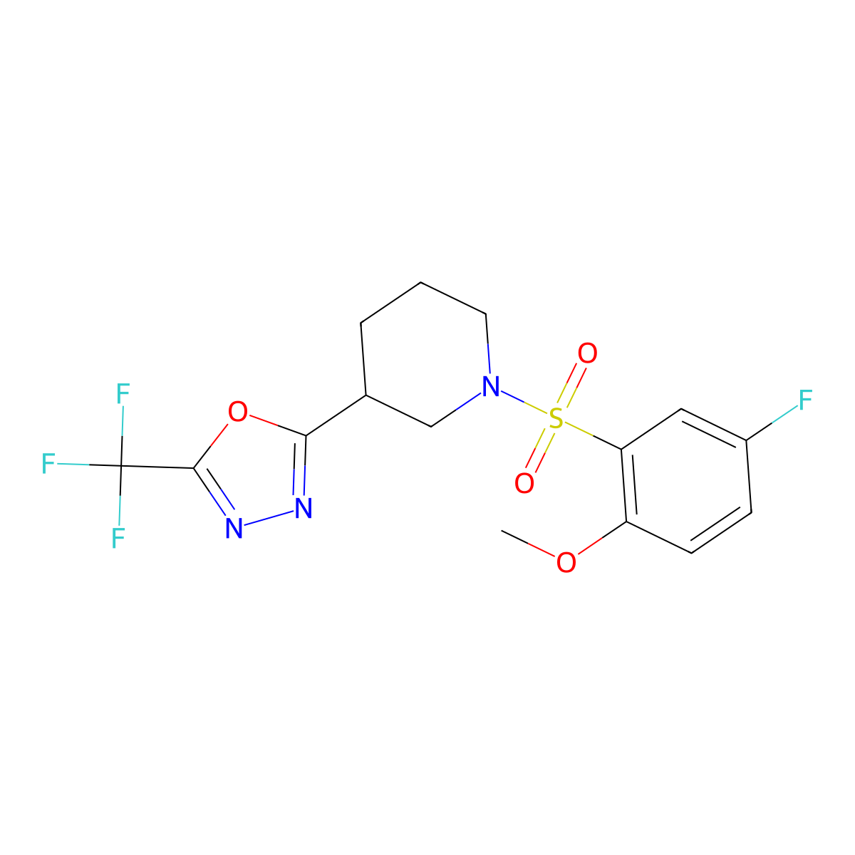 2-(1-((5-Fluoro-2-methoxyphenyl)sulfonyl)piperidin-3-yl)-5-(trifluoromethyl)-1,3,4-oxadiazole molecular structure, CAS 1396854-07-1