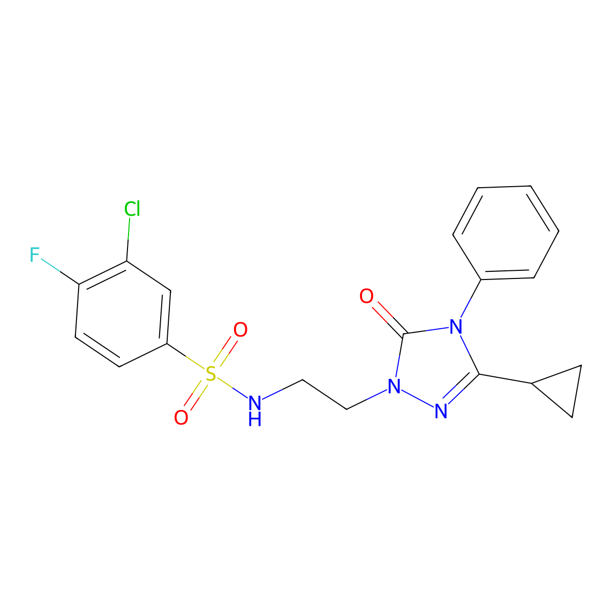 3-chloro-N-(2-(3-cyclopropyl-5-oxo-4-phenyl-4,5-dihydro-1H-1,2,4-triazol-1-yl)ethyl)-4-fluorobenzenesulfonamide molecular structure, CAS 1396854-22-0
