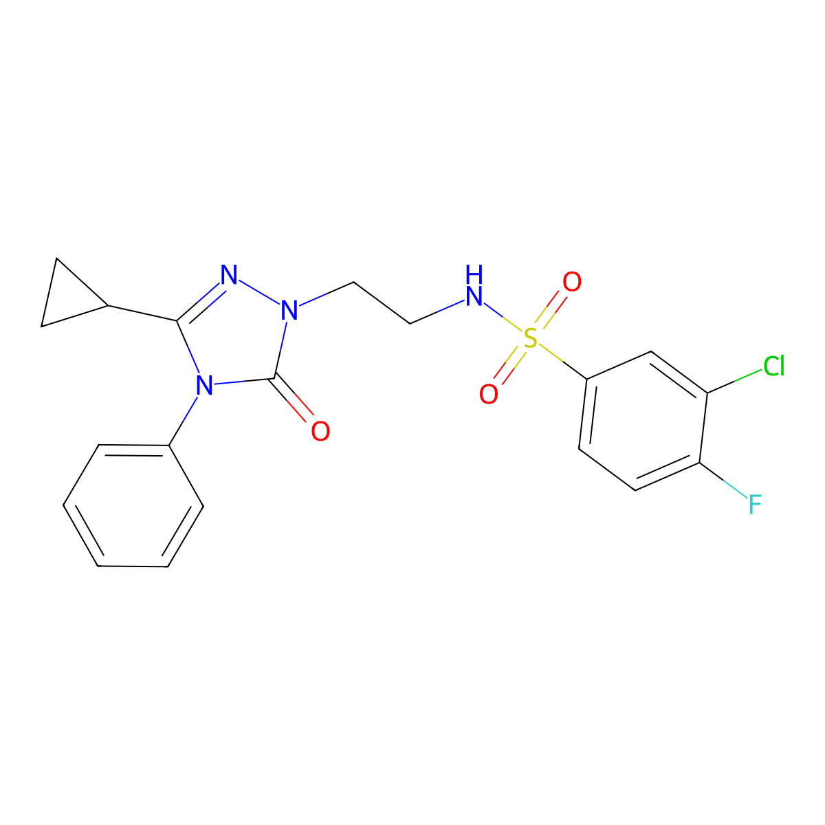 3-chloro-N-(2-(3-cyclopropyl-5-oxo-4-phenyl-4,5-dihydro-1H-1,2,4-triazol-1-yl)ethyl)-4-fluorobenzenesulfonamide molecular structure, CAS 1396854-22-0