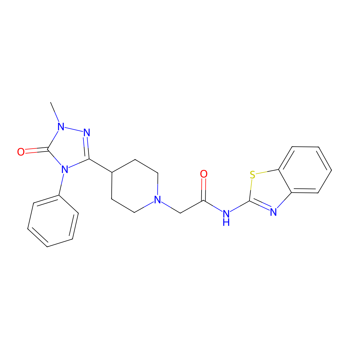 N-(benzo[d]thiazol-2-yl)-2-(4-(1-methyl-5-oxo-4-phenyl-4,5-dihydro-1H-1,2,4-triazol-3-yl)piperidin-1-yl)acetamide molecular structure, CAS 1396854-24-2