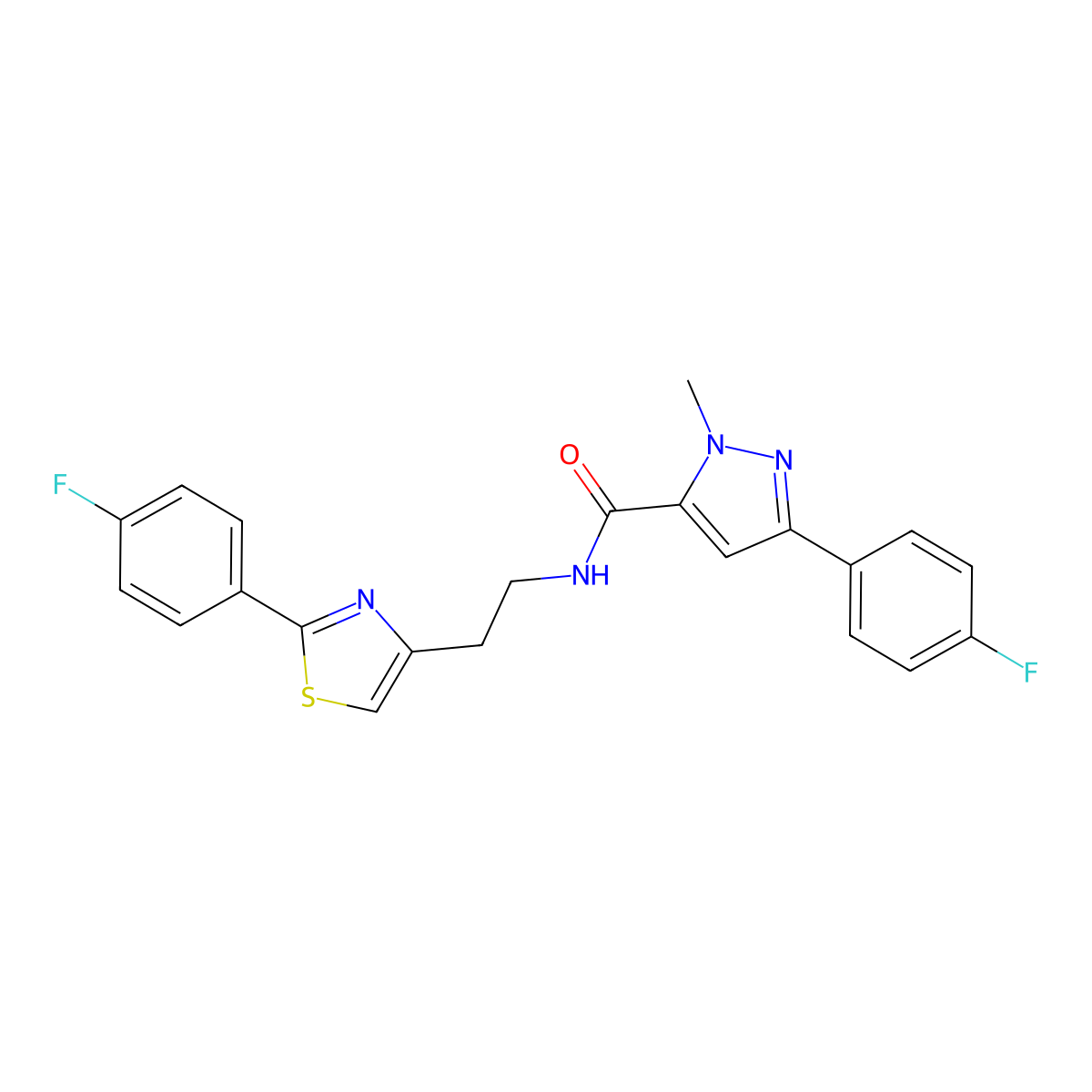 3-(4-fluorophenyl)-N-(2-(2-(4-fluorophenyl)thiazol-4-yl)ethyl)-1-methyl-1H-pyrazole-5-carboxamide molecular structure, CAS 1396854-36-6