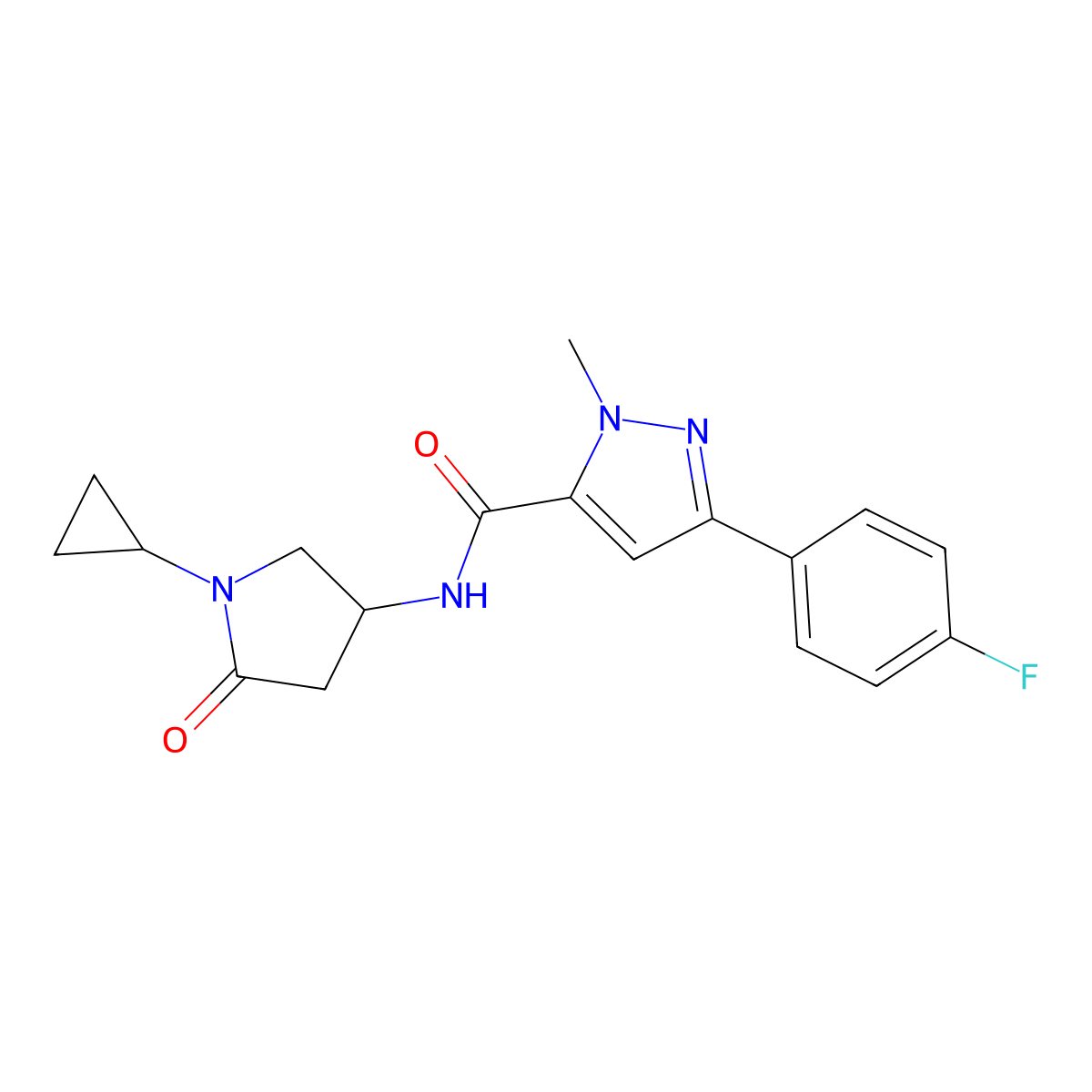 N-(1-cyclopropyl-5-oxopyrrolidin-3-yl)-3-(4-fluorophenyl)-1-methyl-1H-pyrazole-5-carboxamide molecular structure, CAS 1396854-46-8