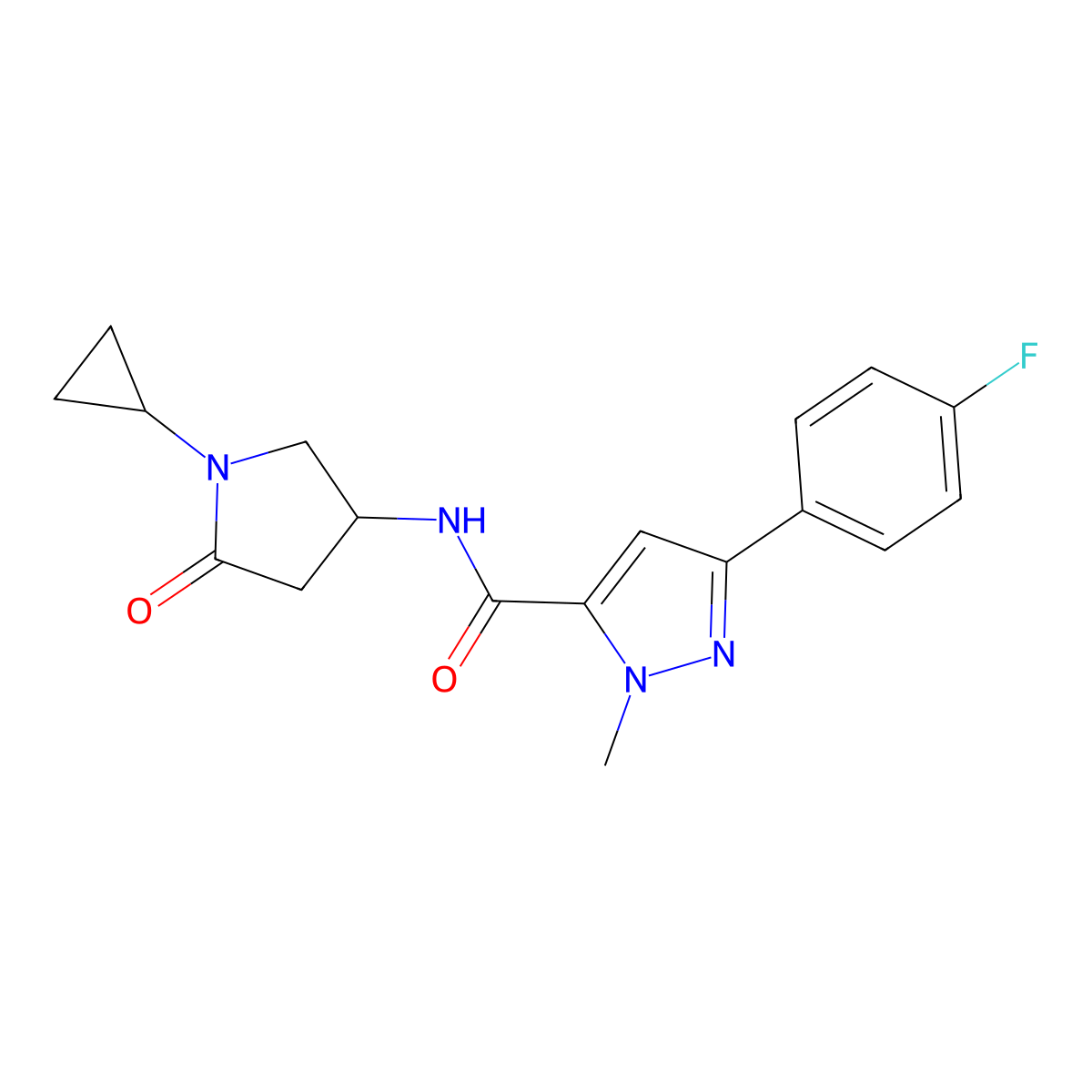 N-(1-cyclopropyl-5-oxopyrrolidin-3-yl)-3-(4-fluorophenyl)-1-methyl-1H-pyrazole-5-carboxamide molecular structure, CAS 1396854-46-8