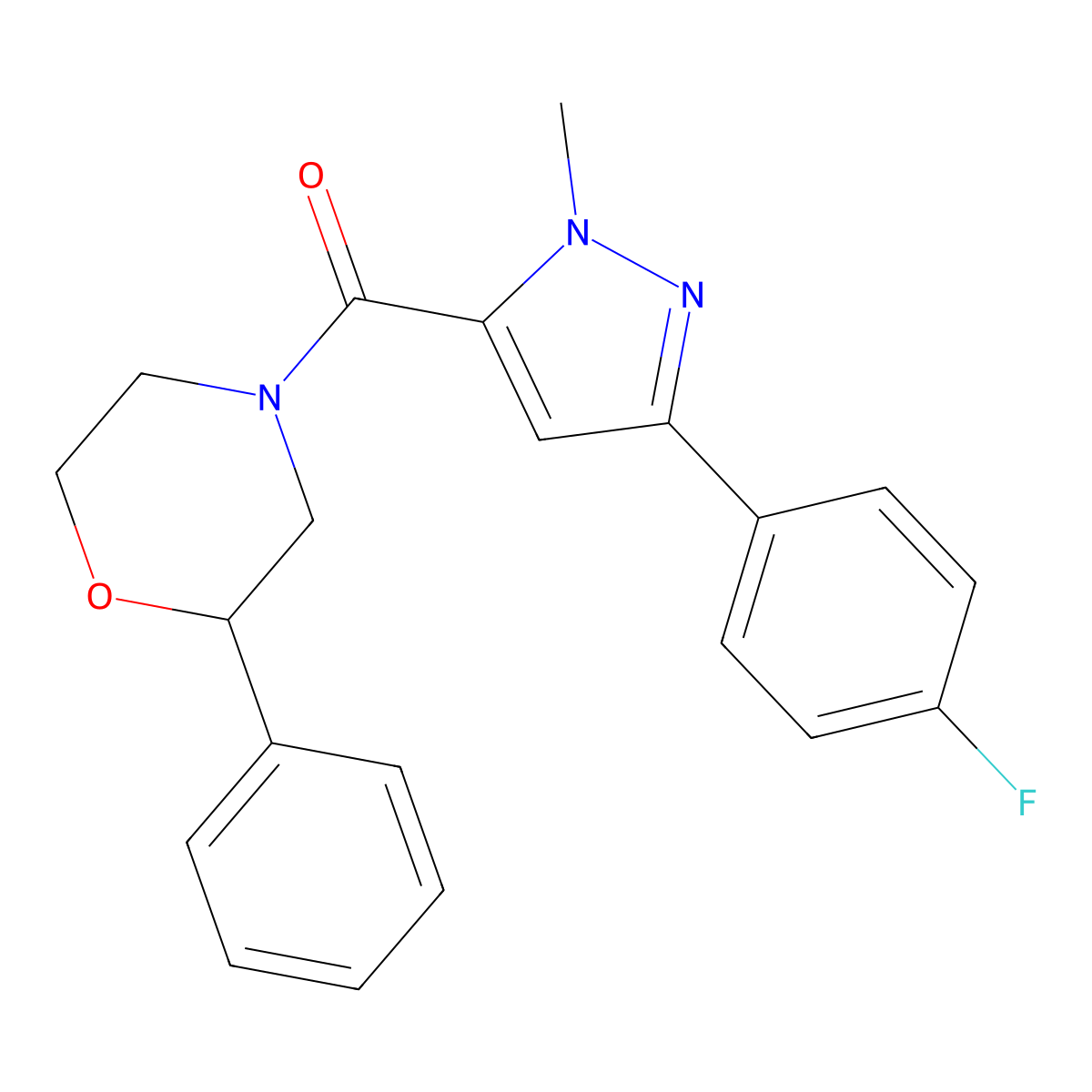 (3-(4-fluorophenyl)-1-methyl-1H-pyrazol-5-yl)(2-phenylmorpholino)methanone molecular structure, CAS 1396854-56-0