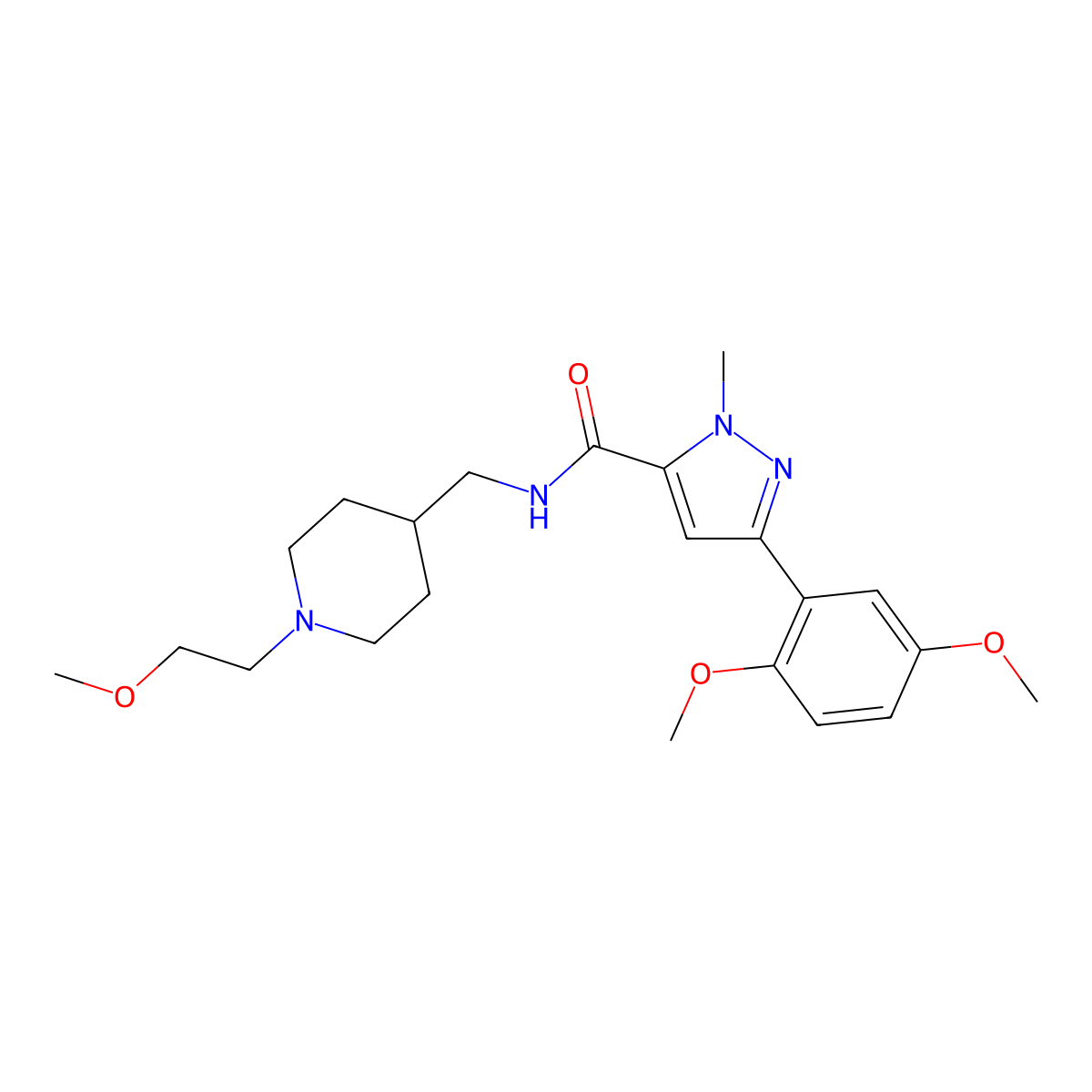 3-(2,5-dimethoxyphenyl)-N-{[1-(2-methoxyethyl)piperidin-4-yl]methyl}-1-methyl-1H-pyrazole-5-carboxamide molecular structure, CAS 1396854-64-0