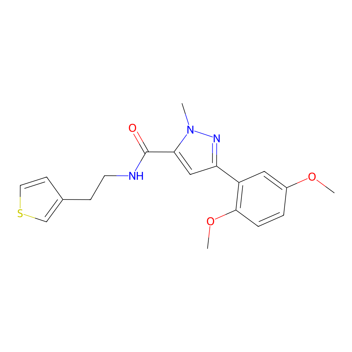 3-(2,5-dimethoxyphenyl)-1-methyl-N-[2-(thiophen-3-yl)ethyl]-1H-pyrazole-5-carboxamide molecular structure, CAS 1396854-70-8