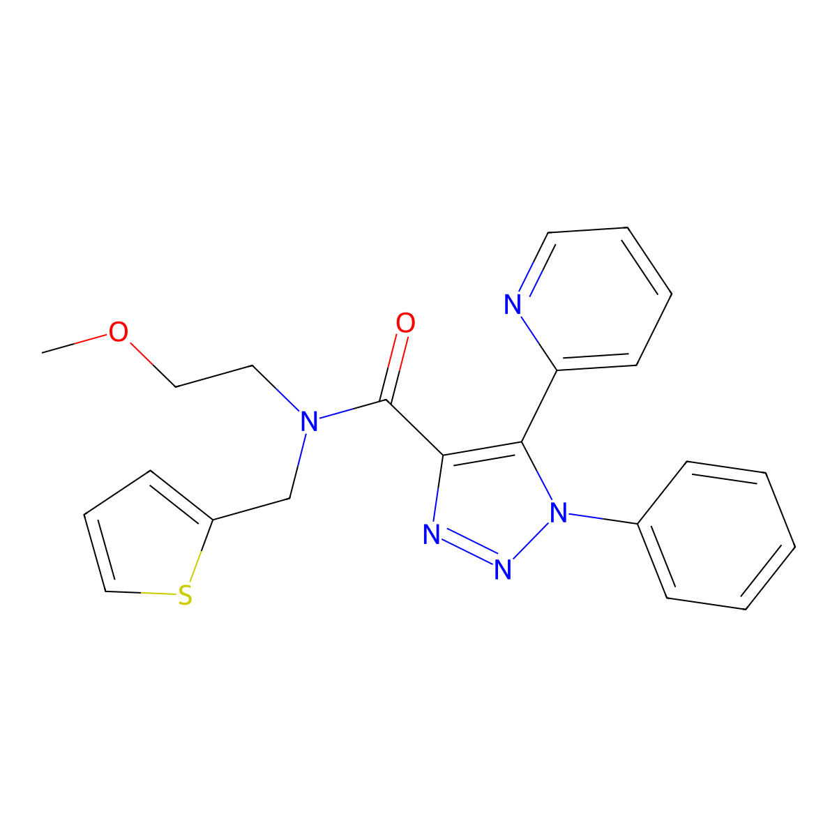N-(2-methoxyethyl)-1-phenyl-5-(pyridin-2-yl)-N-(thiophen-2-ylmethyl)-1H-1,2,3-triazole-4-carboxamide molecular structure, CAS 1396854-72-0