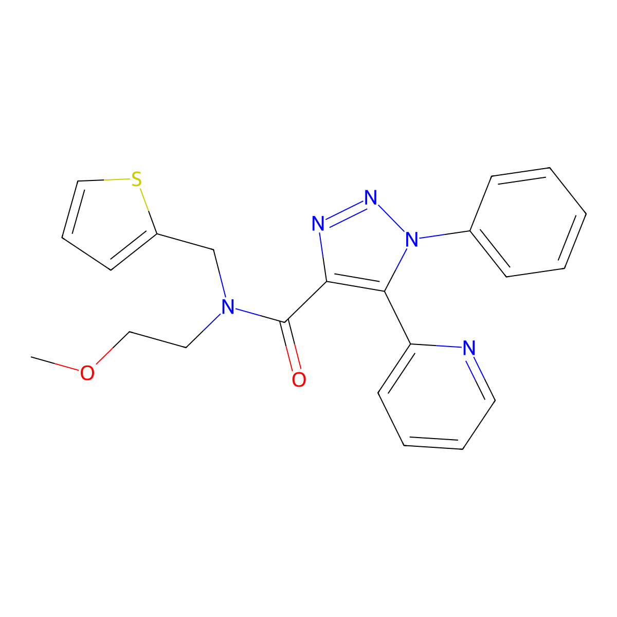N-(2-methoxyethyl)-1-phenyl-5-(pyridin-2-yl)-N-(thiophen-2-ylmethyl)-1H-1,2,3-triazole-4-carboxamide molecular structure, CAS 1396854-72-0