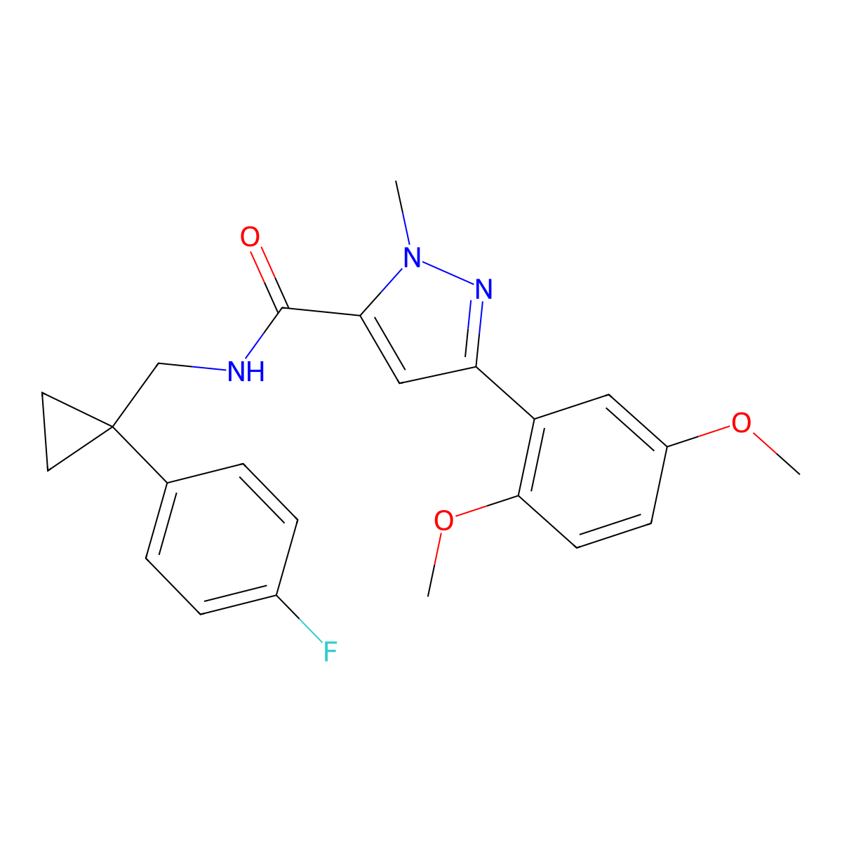 3-(2,5-dimethoxyphenyl)-N-((1-(4-fluorophenyl)cyclopropyl)methyl)-1-methyl-1H-pyrazole-5-carboxamide molecular structure, CAS 1396854-78-6