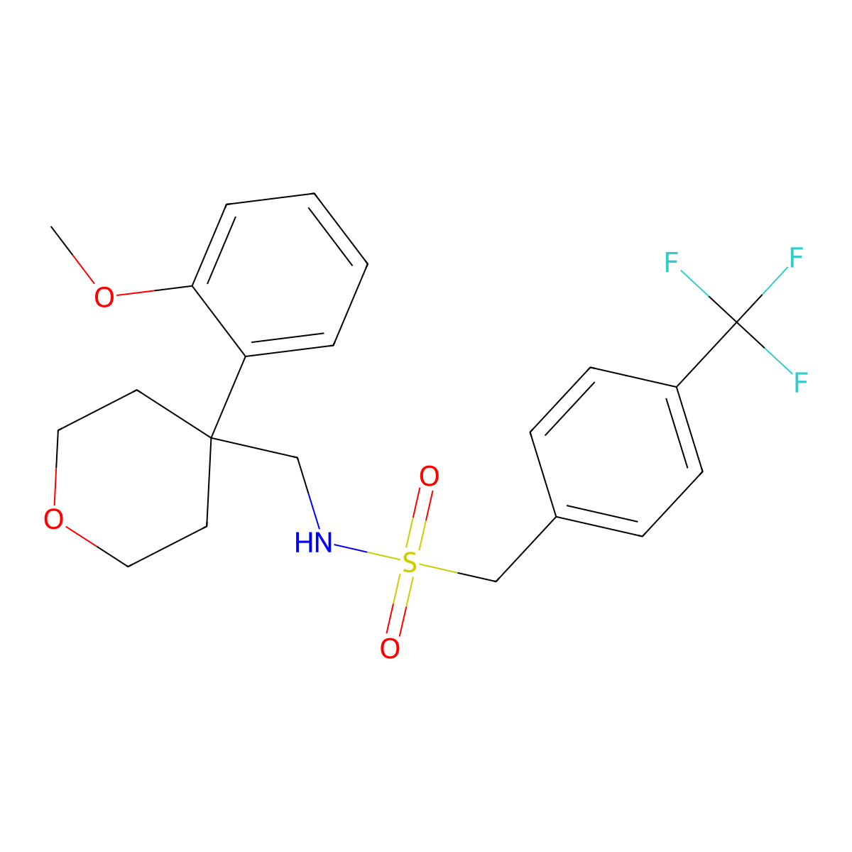 N-((4-(2-methoxyphenyl)tetrahydro-2H-pyran-4-yl)methyl)-1-(4-(trifluoromethyl)phenyl)methanesulfonamide molecular structure, CAS 1396854-85-5
