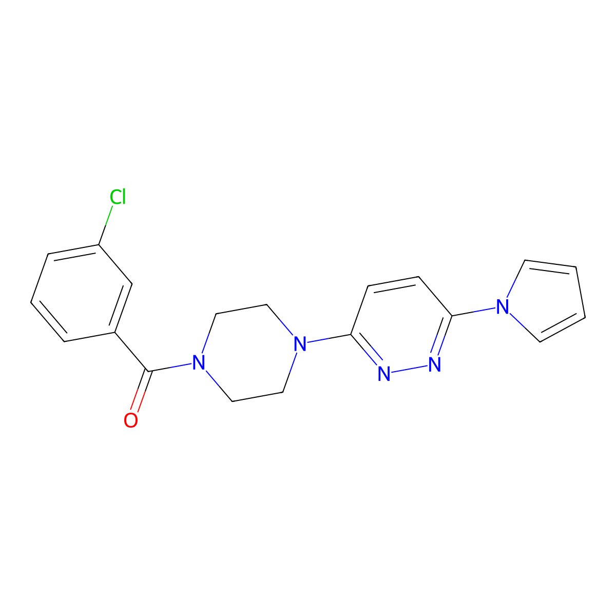 (4-(6-(1H-pyrrol-1-yl)pyridazin-3-yl)piperazin-1-yl)(3-chlorophenyl)methanone molecular structure, CAS 1396855-09-6