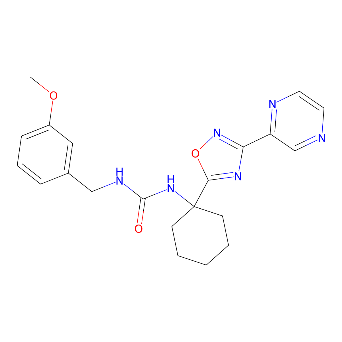 1-[(3-Methoxyphenyl)methyl]-3-{1-[3-(pyrazin-2-yl)-1,2,4-oxadiazol-5-yl]cyclohexyl}urea molecular structure, CAS 1396855-21-2