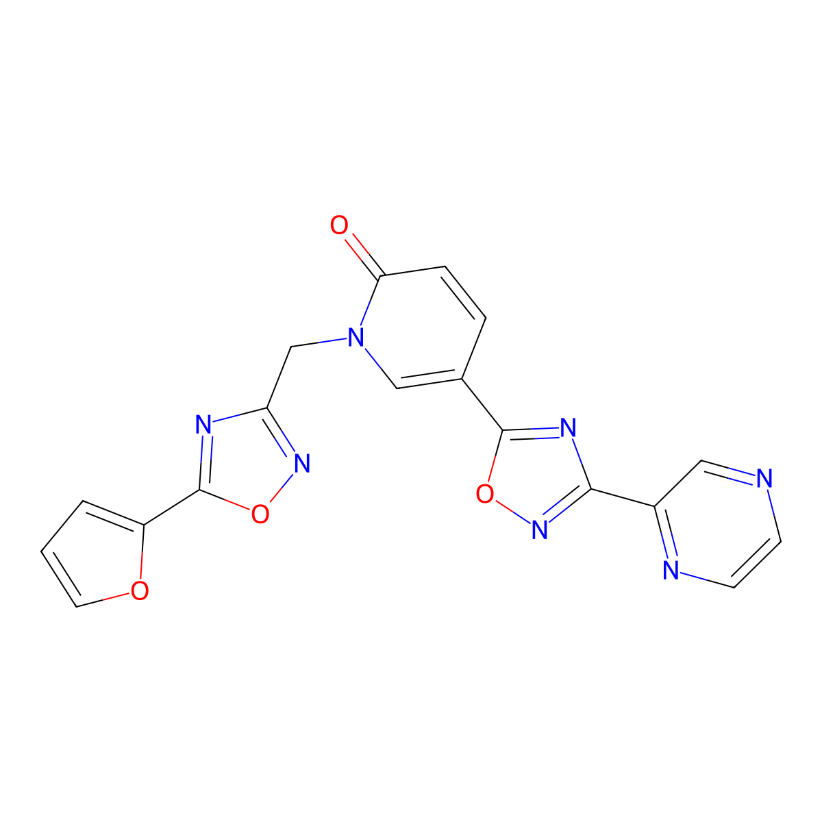 1-((5-(furan-2-yl)-1,2,4-oxadiazol-3-yl)methyl)-5-(3-(pyrazin-2-yl)-1,2,4-oxadiazol-5-yl)pyridin-2(1H)-one molecular structure, CAS 1396855-28-9