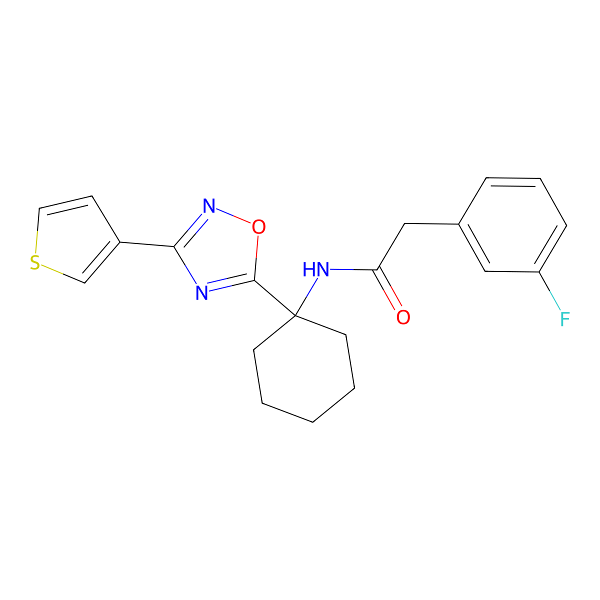 2-(3-fluorophenyl)-N-{1-[3-(3-thienyl)-1,2,4-oxadiazol-5-yl]cyclohexyl}acetamide molecular structure, CAS 1396855-32-5