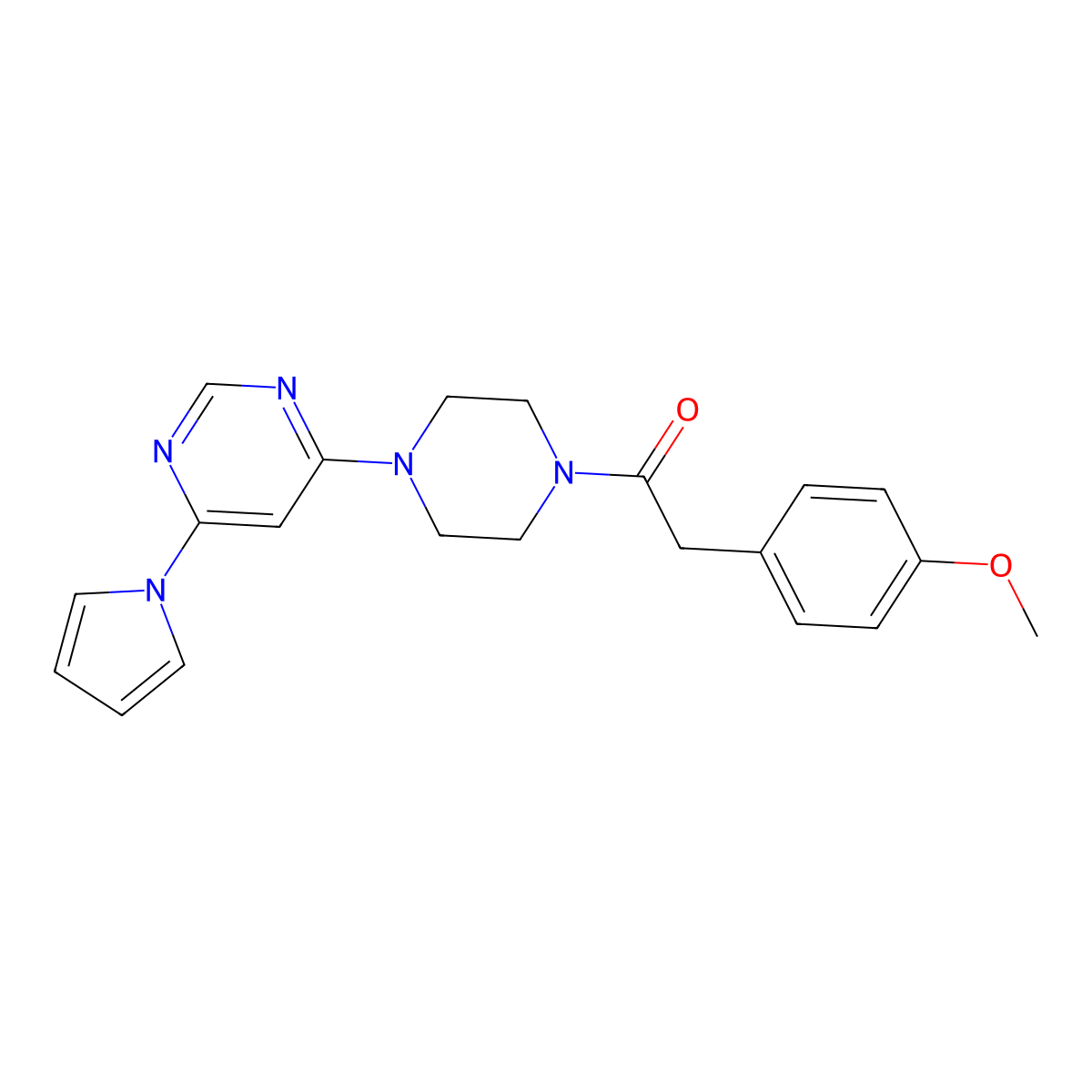 1-(4-(6-(1H-pyrrol-1-yl)pyrimidin-4-yl)piperazin-1-yl)-2-(4-methoxyphenyl)ethanone molecular structure, CAS 1396855-37-0