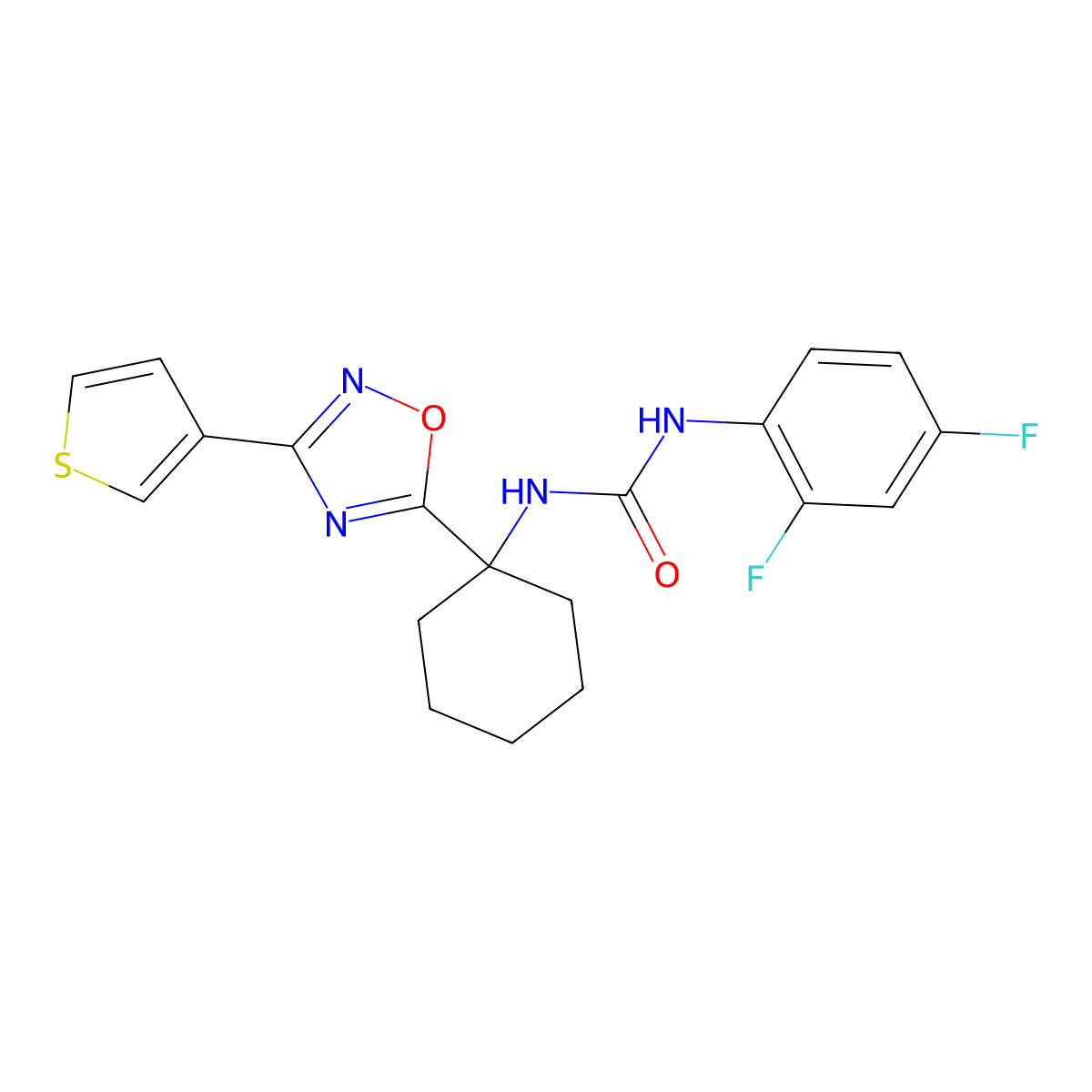 1-(2,4-Difluorophenyl)-3-(1-(3-(thiophen-3-yl)-1,2,4-oxadiazol-5-yl)cyclohexyl)urea molecular structure, CAS 1396855-38-1