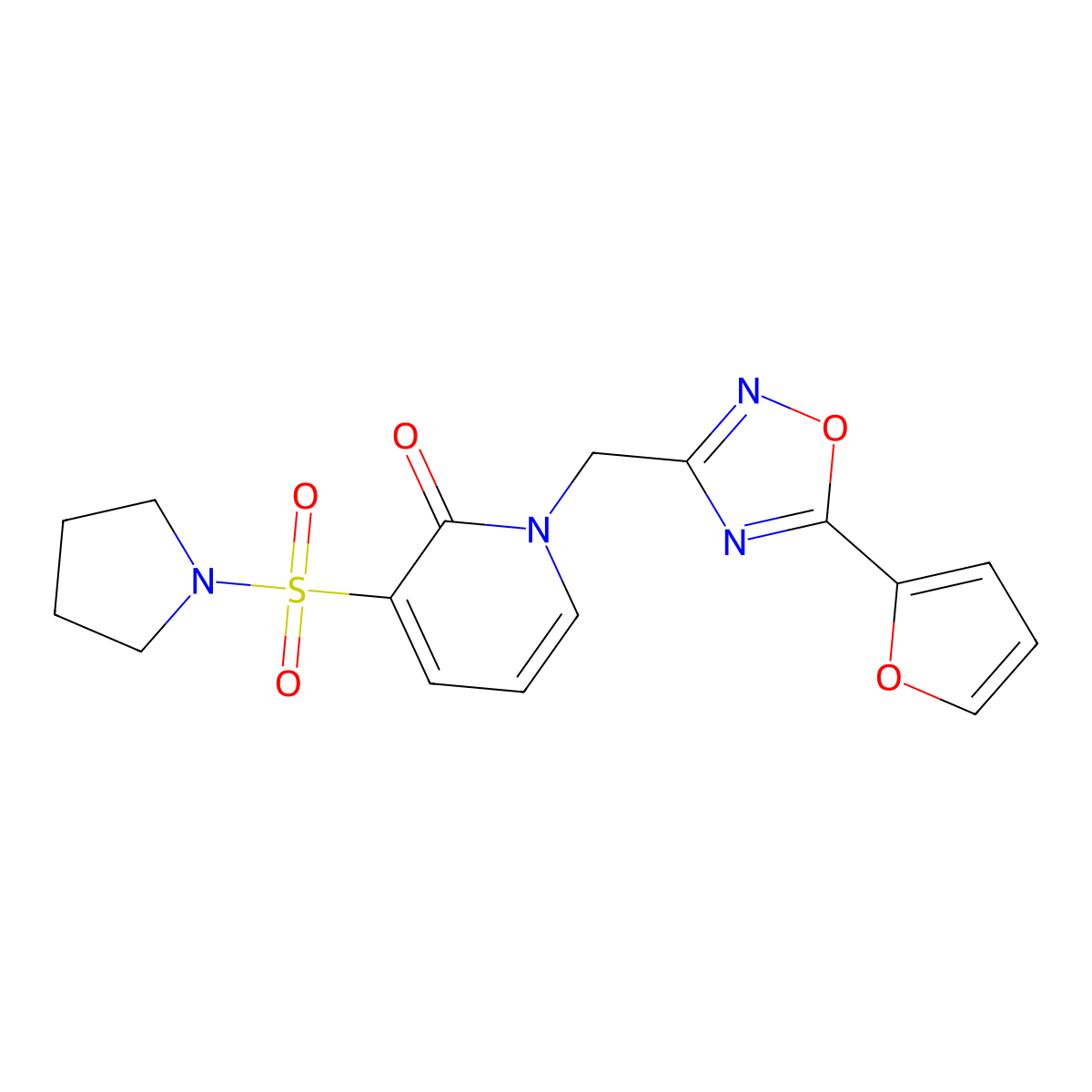 1-((5-(furan-2-yl)-1,2,4-oxadiazol-3-yl)methyl)-3-(pyrrolidin-1-ylsulfonyl)pyridin-2(1H)-one molecular structure, CAS 1396855-39-2