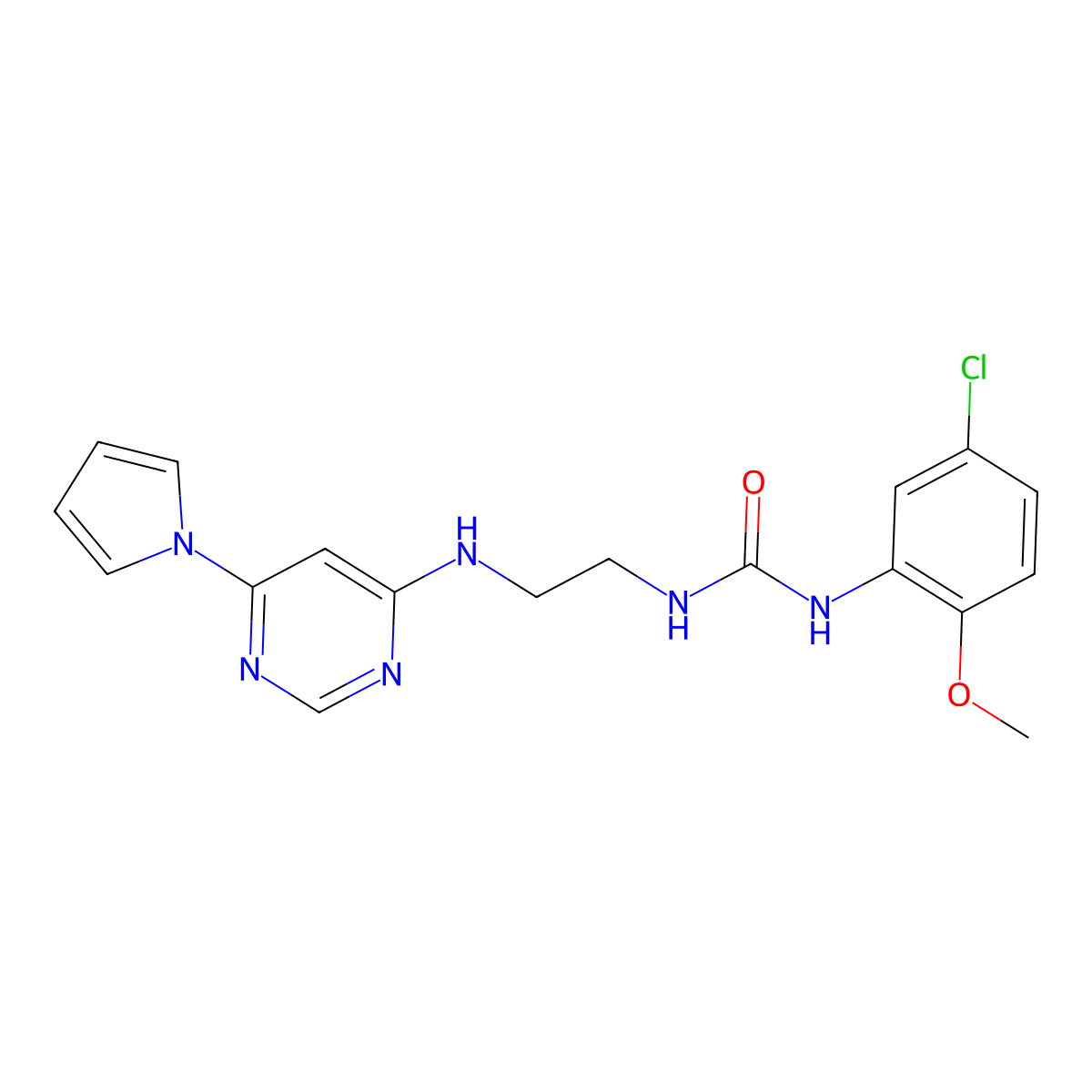 1-(2-((6-(1H-pyrrol-1-yl)pyrimidin-4-yl)amino)ethyl)-3-(5-chloro-2-methoxyphenyl)urea molecular structure, CAS 1396855-43-8