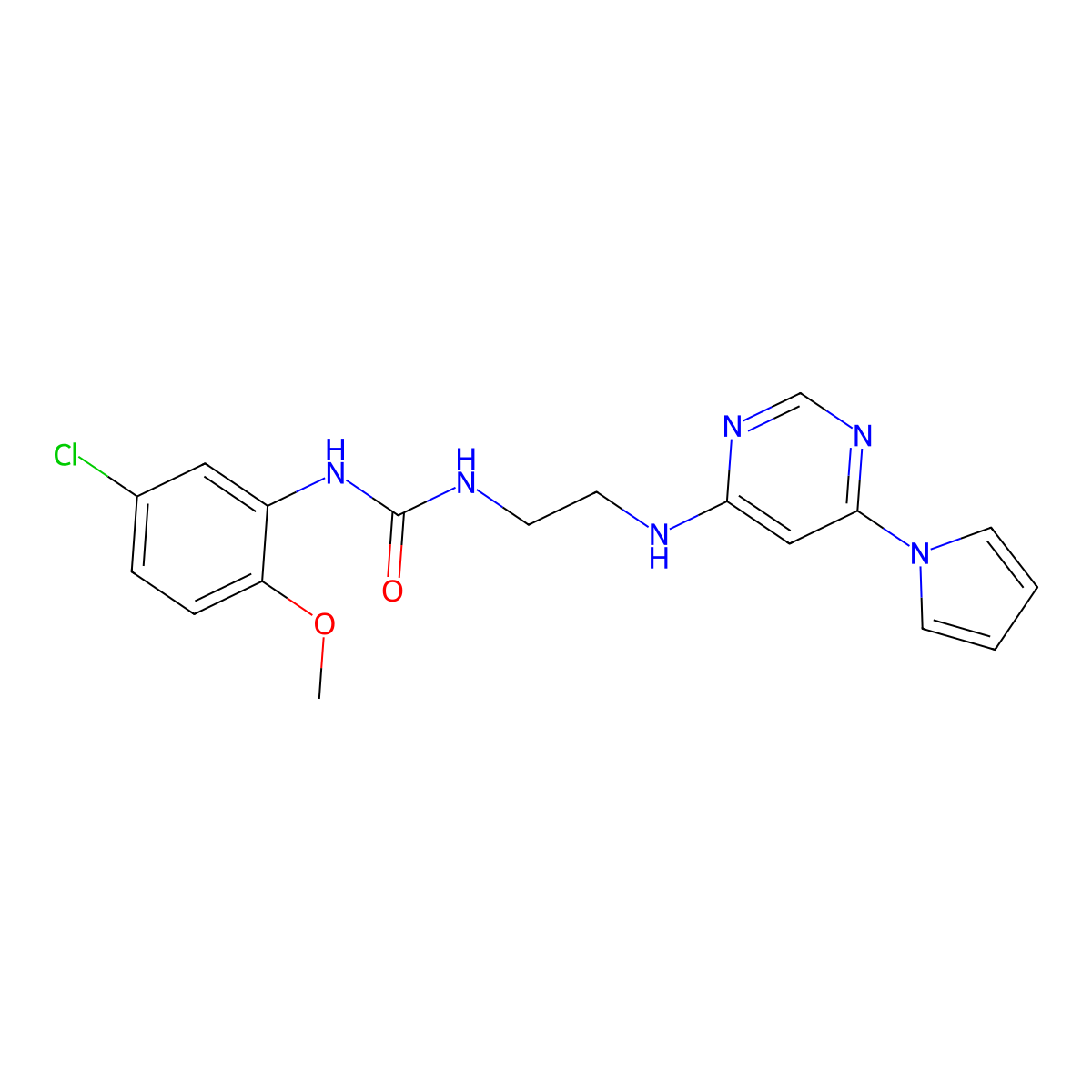 1-(2-((6-(1H-pyrrol-1-yl)pyrimidin-4-yl)amino)ethyl)-3-(5-chloro-2-methoxyphenyl)urea molecular structure, CAS 1396855-43-8