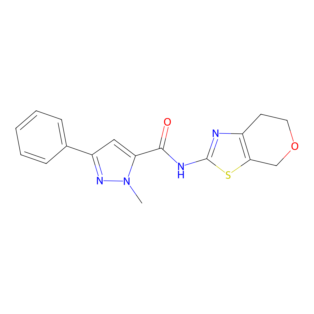 N-(6,7-dihydro-4H-pyrano[4,3-d]thiazol-2-yl)-1-methyl-3-phenyl-1H-pyrazole-5-carboxamide molecular structure, CAS 1396855-44-9