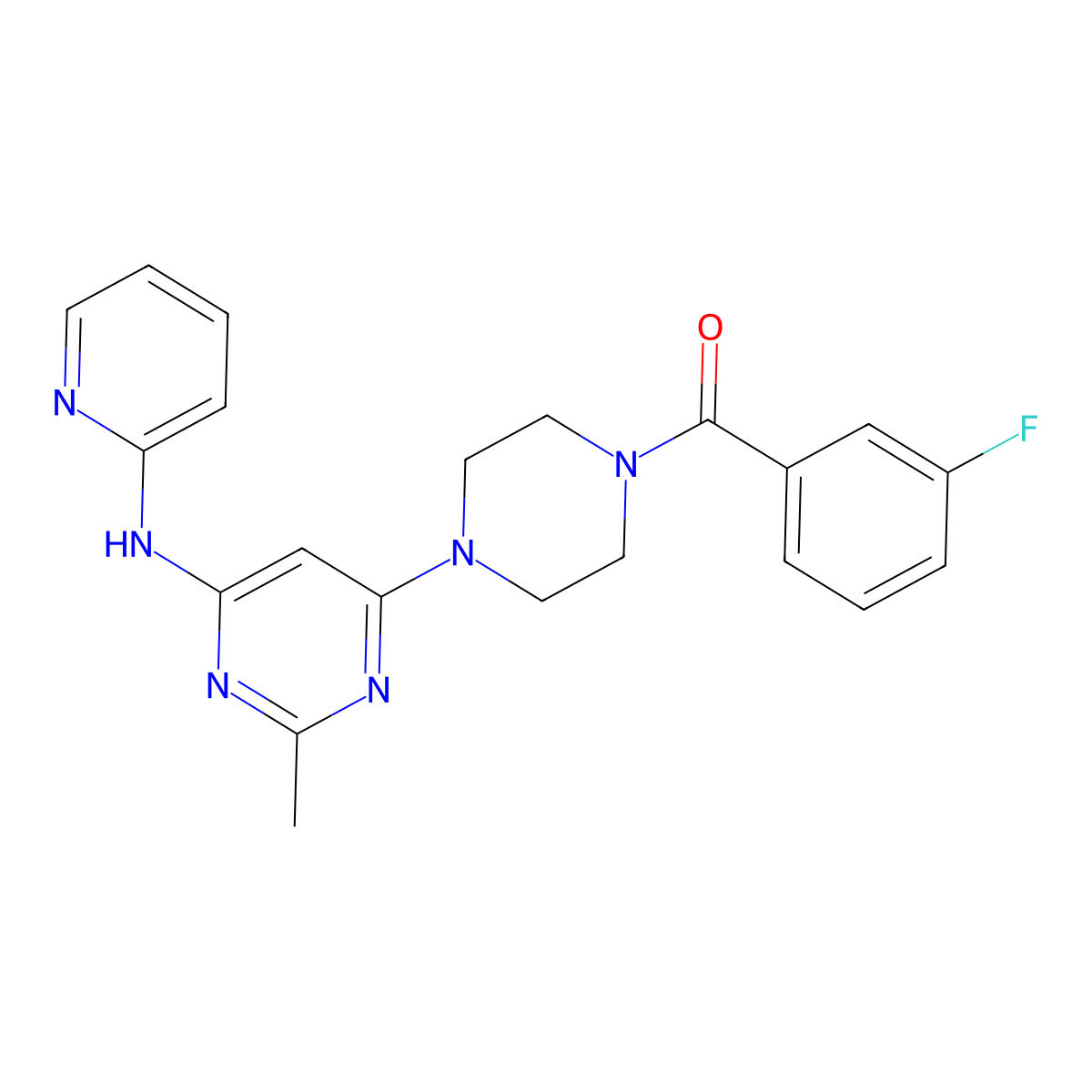 (3-Fluorophenyl)(4-(2-methyl-6-(pyridin-2-ylamino)pyrimidin-4-yl)piperazin-1-yl)methanone molecular structure, CAS 1396855-49-4