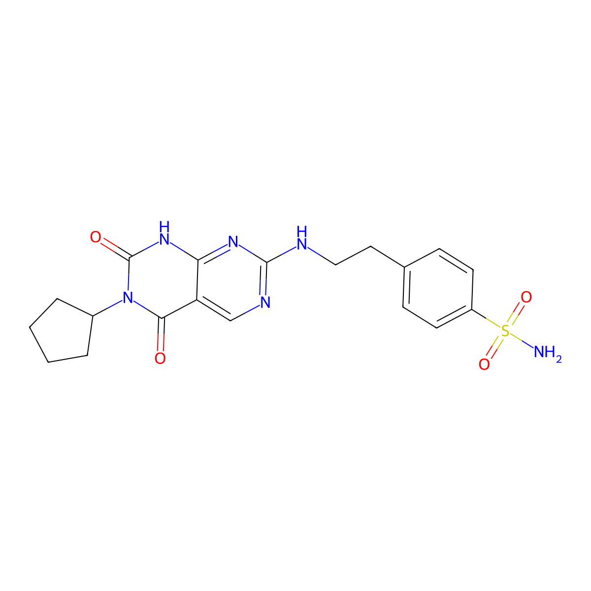 4-(2-((6-Cyclopentyl-5,7-dioxo-5,6,7,8-tetrahydropyrimido[4,5-d]pyrimidin-2-yl)amino)ethyl)benzenesulfonamide molecular structure, CAS 1396855-52-9