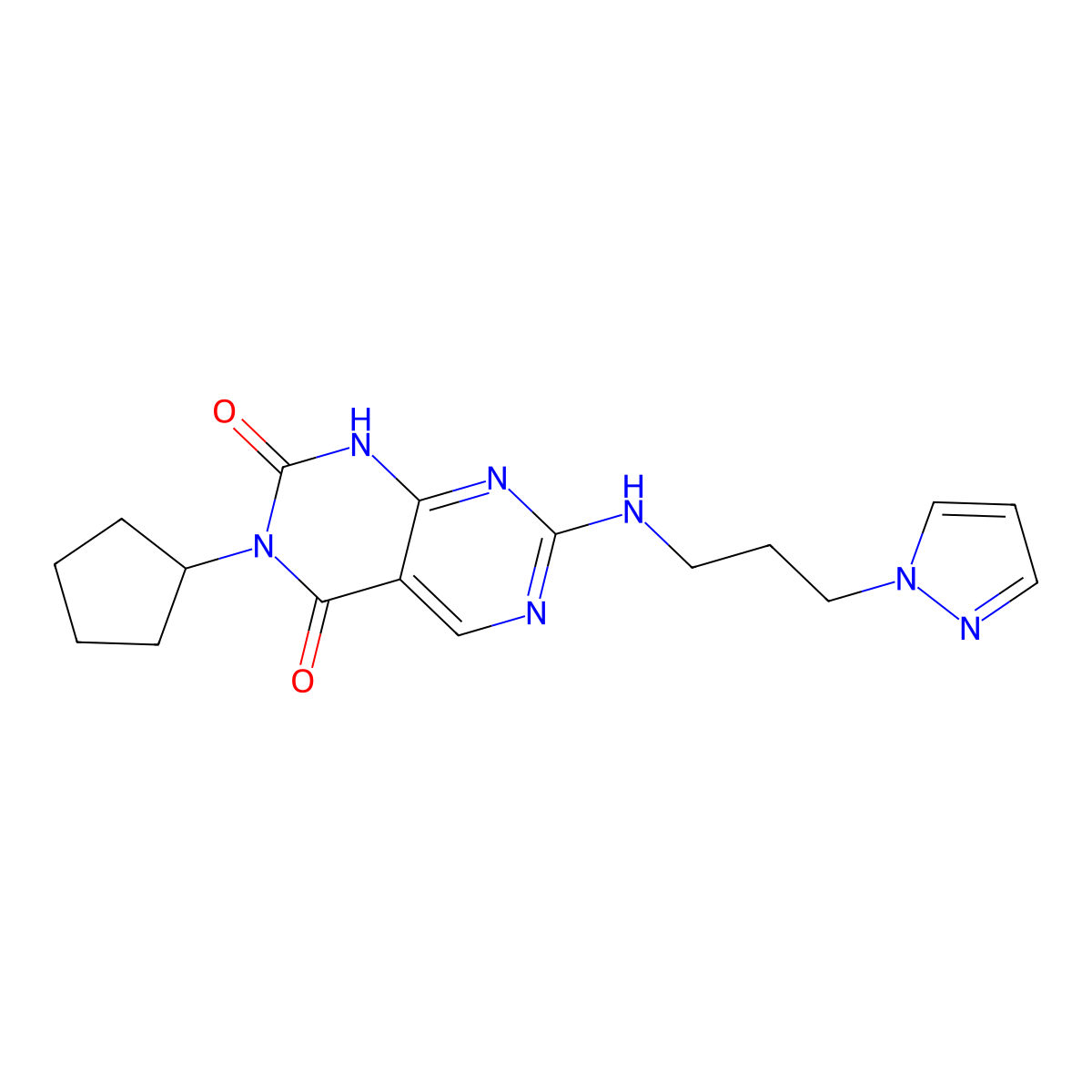 3-cyclopentyl-7-{[3-(1H-pyrazol-1-yl)propyl]amino}pyrimido[4,5-d]pyrimidine-2,4(1H,3H)-dione molecular structure, CAS 1396855-62-1