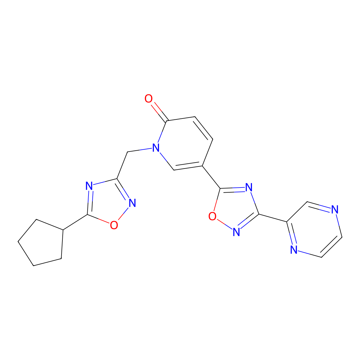 1-((5-cyclopentyl-1,2,4-oxadiazol-3-yl)methyl)-5-(3-(pyrazin-2-yl)-1,2,4-oxadiazol-5-yl)pyridin-2(1H)-one molecular structure, CAS 1396855-78-9
