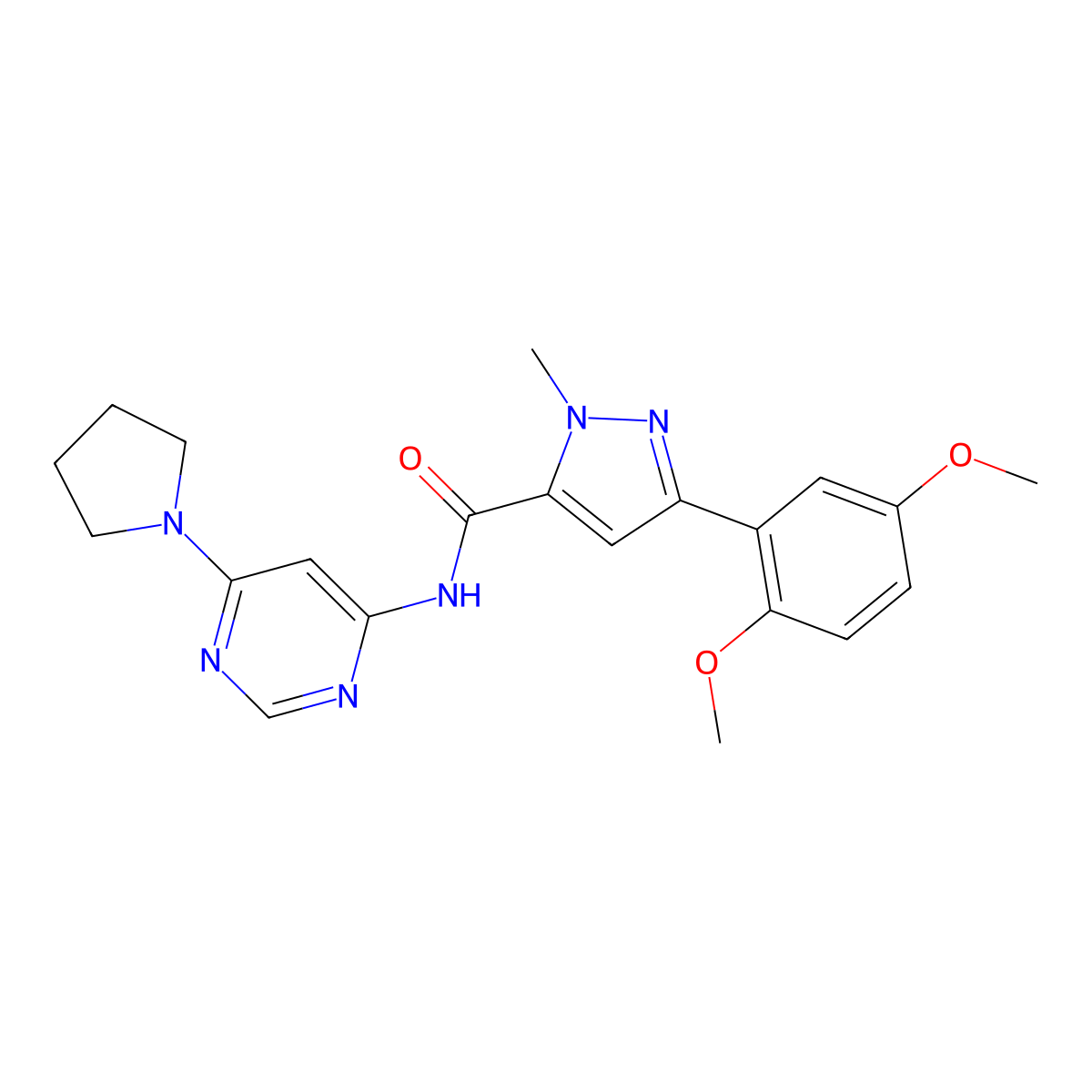 3-(2,5-dimethoxyphenyl)-1-methyl-N-[6-(pyrrolidin-1-yl)pyrimidin-4-yl]-1H-pyrazole-5-carboxamide molecular structure, CAS 1396856-11-3