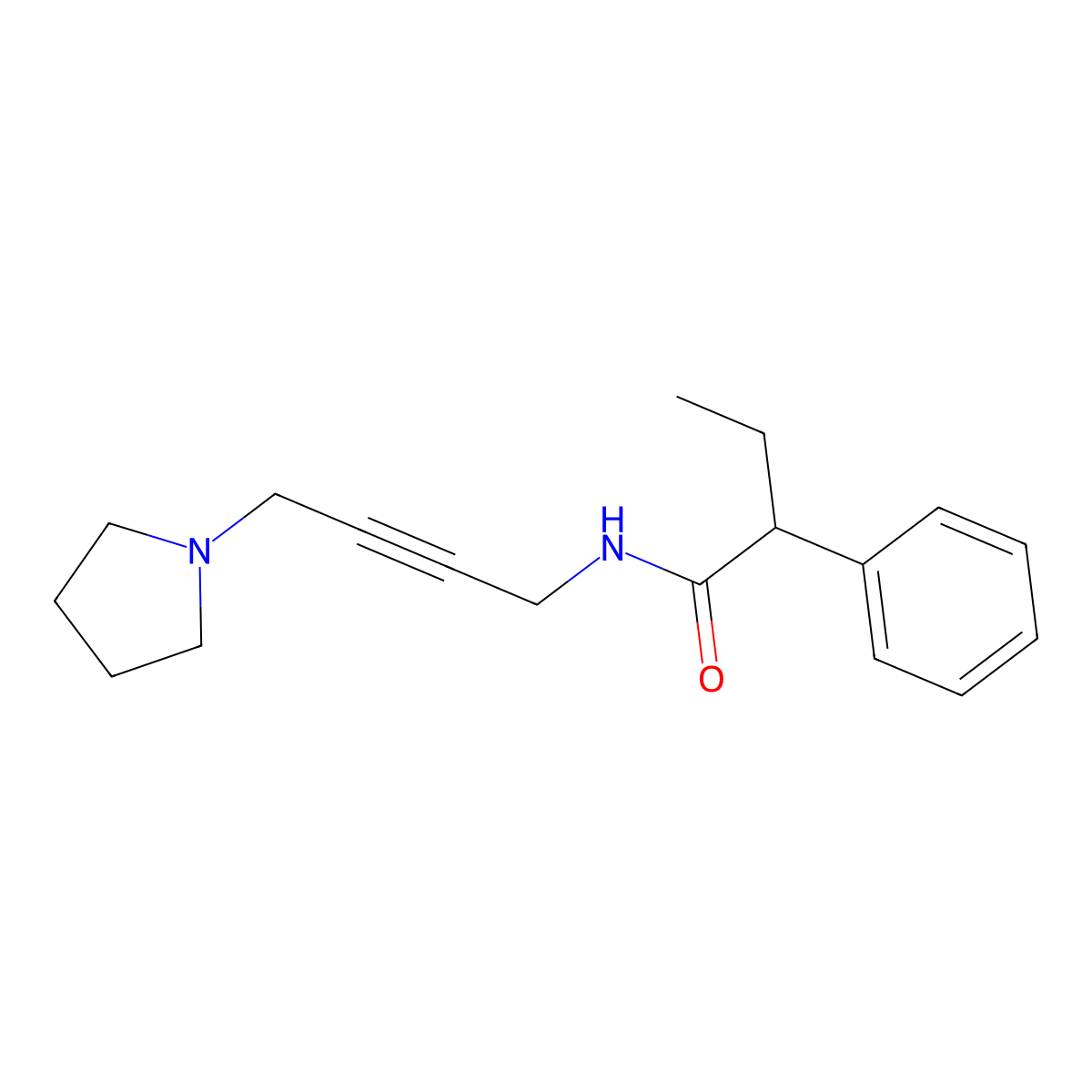 2-phenyl-N-(4-(pyrrolidin-1-yl)but-2-yn-1-yl)butanamide molecular structure, CAS 1396856-24-8