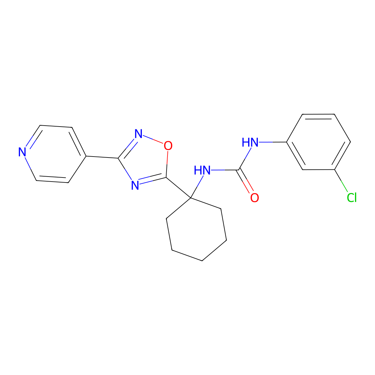 1-(3-Chlorophenyl)-3-{1-[3-(pyridin-4-yl)-1,2,4-oxadiazol-5-yl]cyclohexyl}urea molecular structure, CAS 1396856-26-0