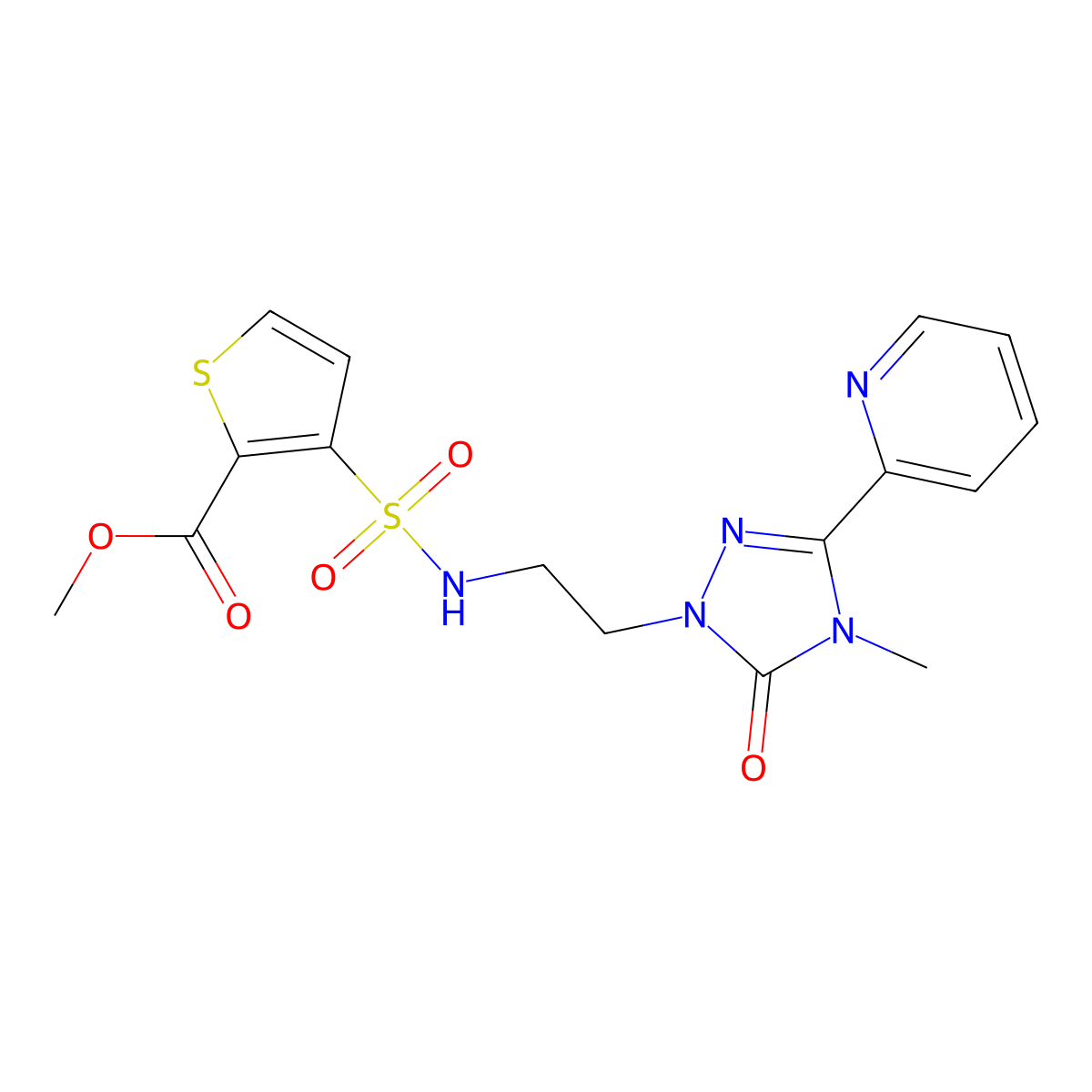 methyl 3-(N-(2-(4-methyl-5-oxo-3-(pyridin-2-yl)-4,5-dihydro-1H-1,2,4-triazol-1-yl)ethyl)sulfamoyl)thiophene-2-carboxylate molecular structure, CAS 1396856-27-1