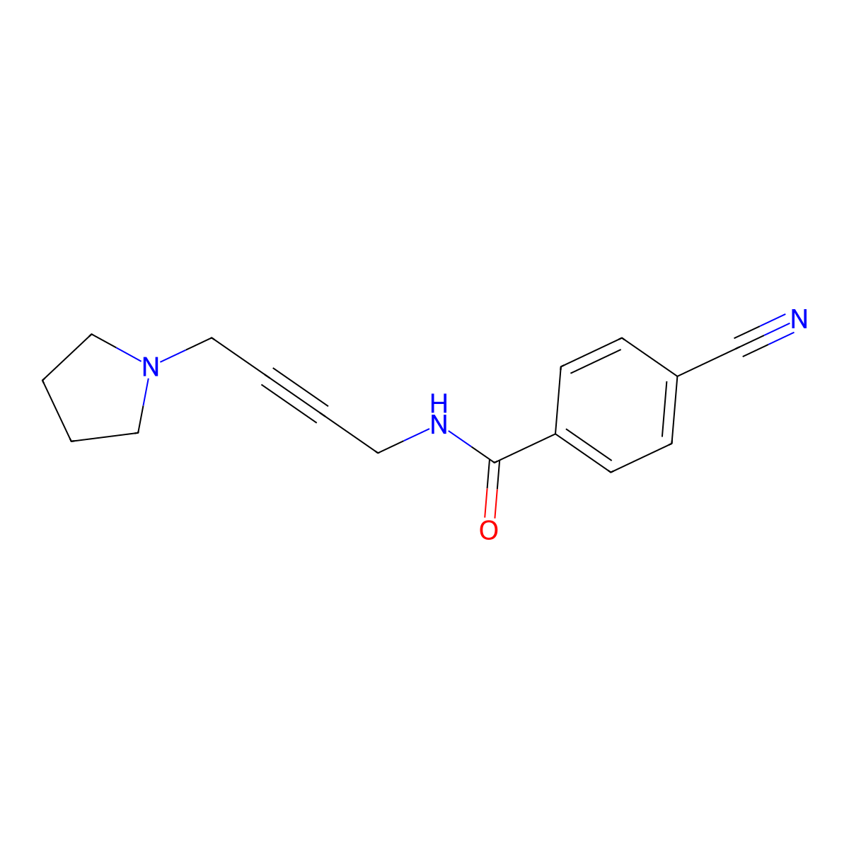 4-cyano-N-(4-(pyrrolidin-1-yl)but-2-yn-1-yl)benzamide molecular structure, CAS 1396856-30-6