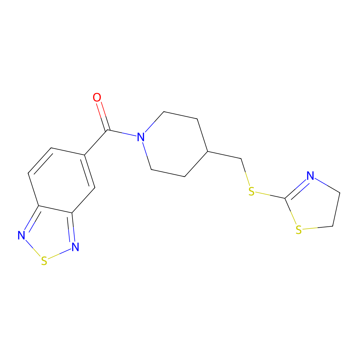 Benzo[c][1,2,5]thiadiazol-5-yl(4-(((4,5-dihydrothiazol-2-yl)thio)methyl)piperidin-1-yl)methanone molecular structure, CAS 1396856-31-7