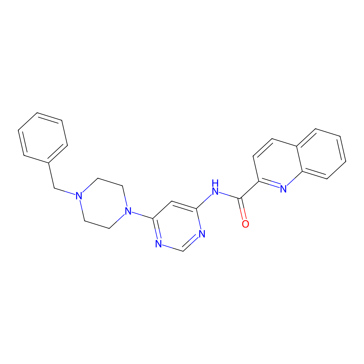 N-[6-(4-benzylpiperazin-1-yl)pyrimidin-4-yl]quinoline-2-carboxamide molecular structure, CAS 1396856-32-8