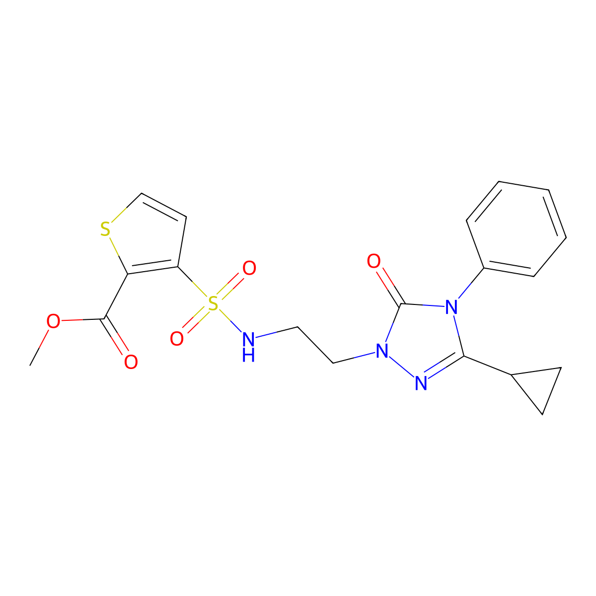 methyl 3-(N-(2-(3-cyclopropyl-5-oxo-4-phenyl-4,5-dihydro-1H-1,2,4-triazol-1-yl)ethyl)sulfamoyl)thiophene-2-carboxylate molecular structure, CAS 1396856-34-0