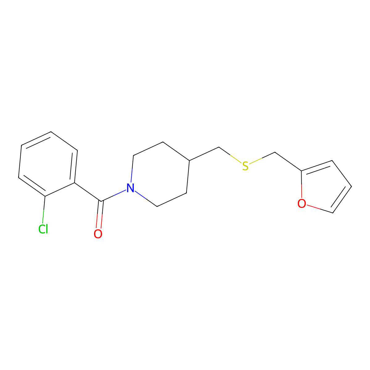(2-Chlorophenyl)(4-(((furan-2-ylmethyl)thio)methyl)piperidin-1-yl)methanone molecular structure, CAS 1396856-37-3
