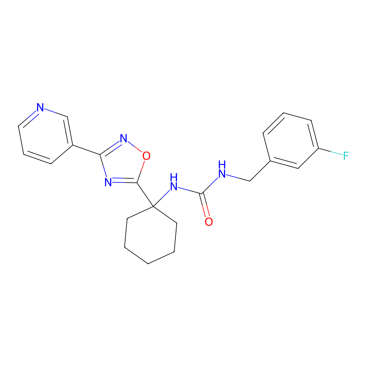 1-[(3-Fluorophenyl)methyl]-3-{1-[3-(pyridin-3-yl)-1,2,4-oxadiazol-5-yl]cyclohexyl}urea molecular structure, CAS 1396856-40-8