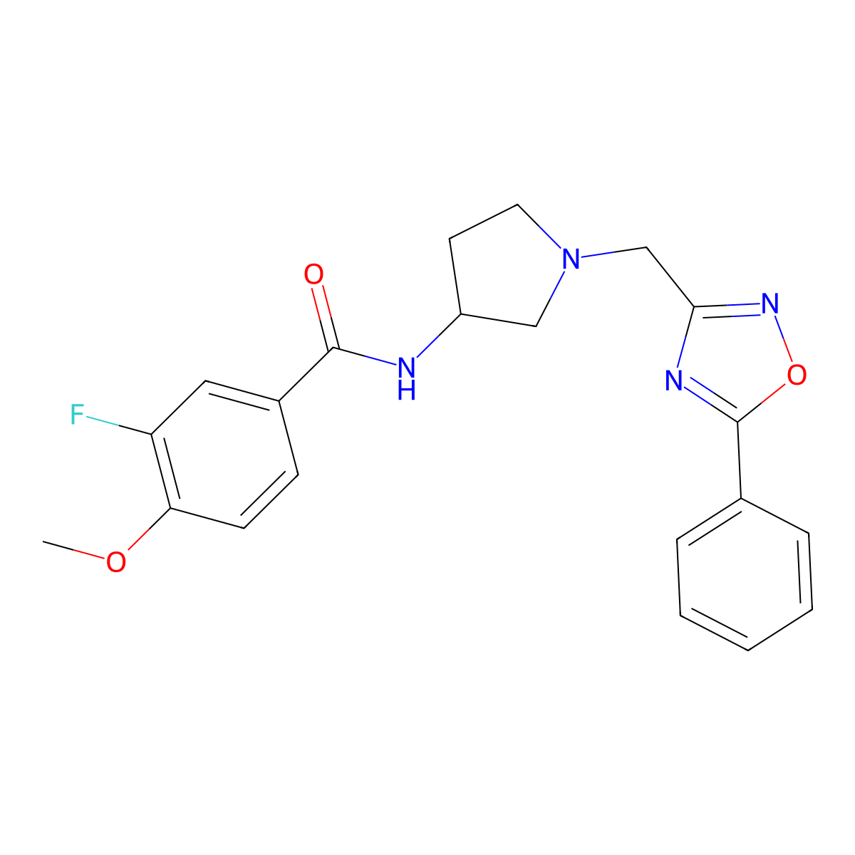 3-fluoro-4-methoxy-N-(1-((5-phenyl-1,2,4-oxadiazol-3-yl)methyl)pyrrolidin-3-yl)benzamide molecular structure, CAS 1396856-48-6