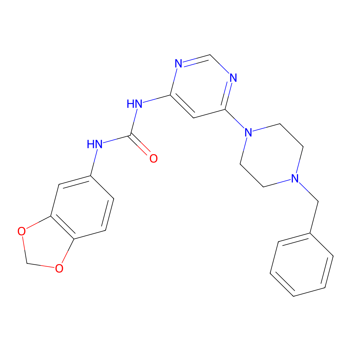 1-(Benzo[d][1,3]dioxol-5-yl)-3-(6-(4-benzylpiperazin-1-yl)pyrimidin-4-yl)urea molecular structure, CAS 1396856-51-1