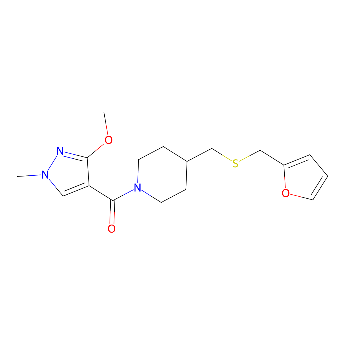 (4-(((furan-2-ylmethyl)thio)methyl)piperidin-1-yl)(3-methoxy-1-methyl-1H-pyrazol-4-yl)methanone molecular structure, CAS 1396856-54-4