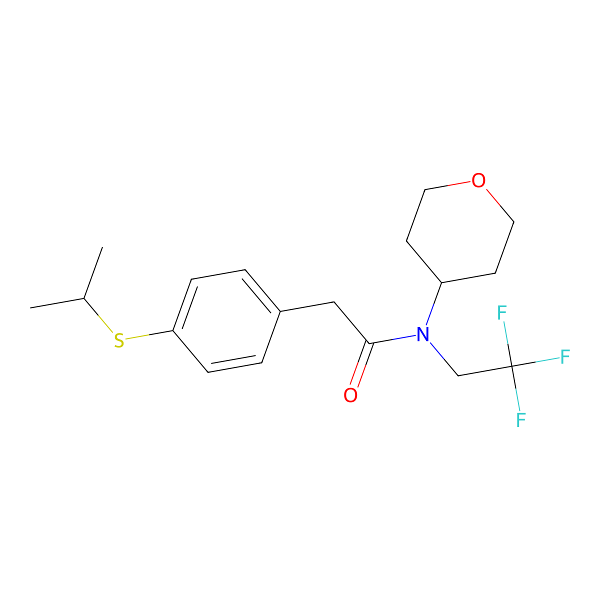 2-(4-(isopropylthio)phenyl)-N-(tetrahydro-2H-pyran-4-yl)-N-(2,2,2-trifluoroethyl)acetamide molecular structure, CAS 1396856-61-3