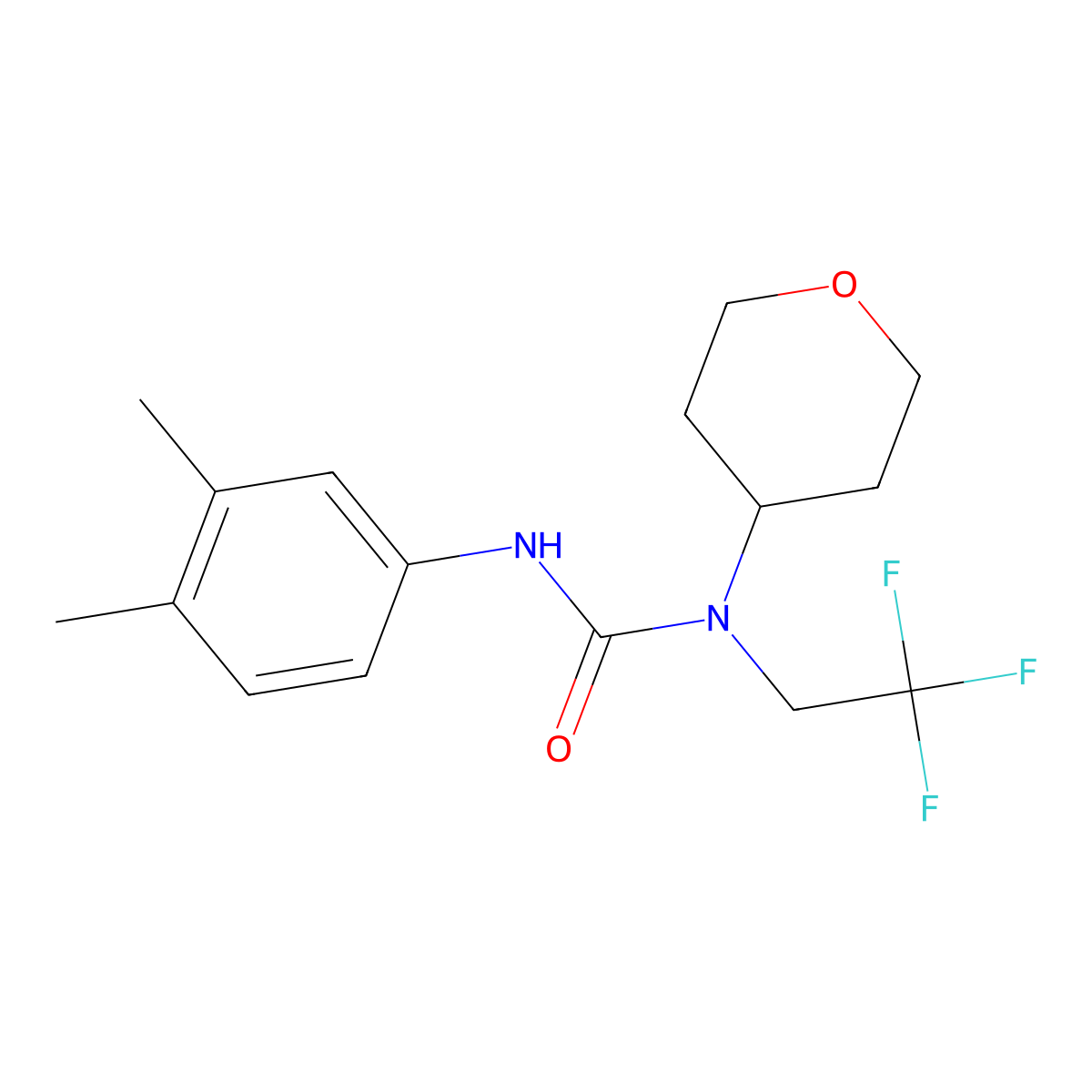 3-(3,4-Dimethylphenyl)-1-(oxan-4-yl)-1-(2,2,2-trifluoroethyl)urea molecular structure, CAS 1396856-64-6