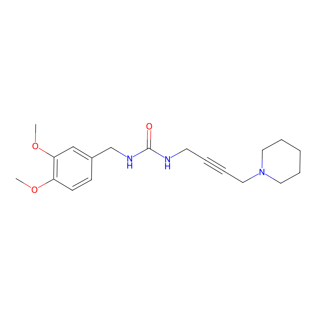 1-(3,4-Dimethoxybenzyl)-3-(4-(piperidin-1-yl)but-2-yn-1-yl)urea molecular structure, CAS 1396856-67-9