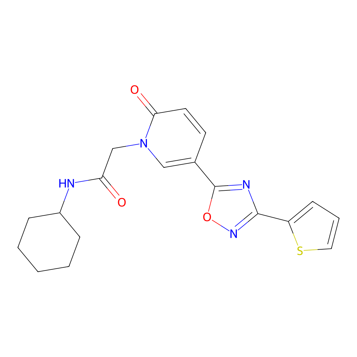 N-cyclohexyl-2-(2-oxo-5-(3-(thiophen-2-yl)-1,2,4-oxadiazol-5-yl)pyridin-1(2H)-yl)acetamide molecular structure, CAS 1396856-77-1