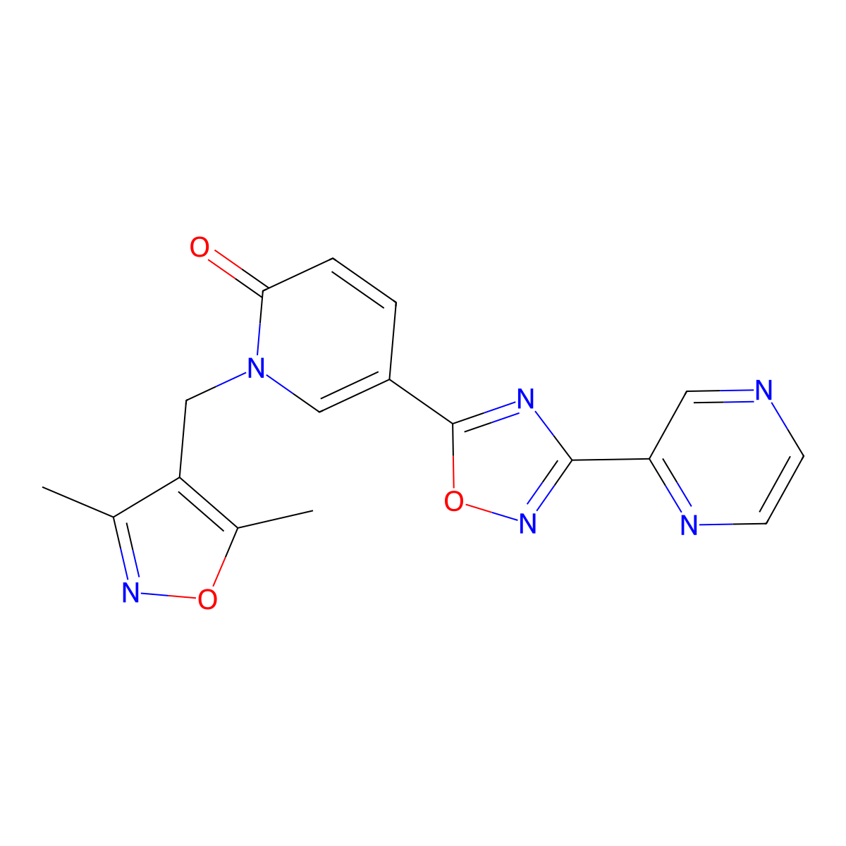 1-[(3,5-Dimethyl-1,2-oxazol-4-yl)methyl]-5-[3-(pyrazin-2-yl)-1,2,4-oxadiazol-5-yl]-1,2-dihydropyridin-2-one molecular structure, CAS 1396857-00-3