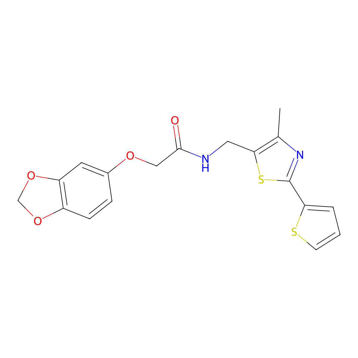 2-(benzo[d][1,3]dioxol-5-yloxy)-N-((4-methyl-2-(thiophen-2-yl)thiazol-5-yl)methyl)acetamide molecular structure, CAS 1396857-05-8